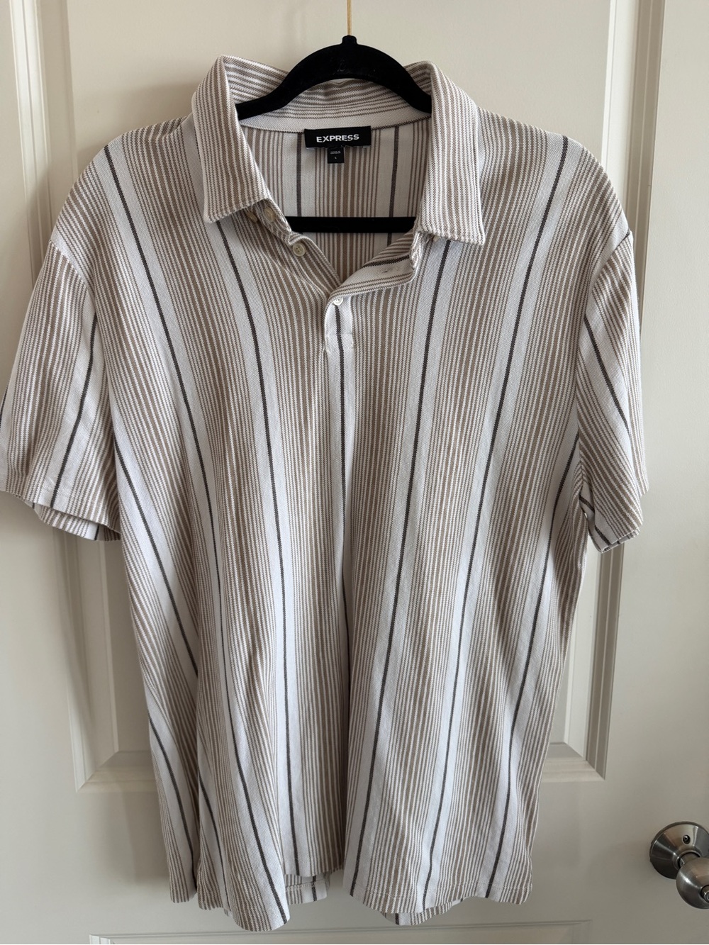 Express Men’s Short Sleeve Polo - Cream with Brown Stripe